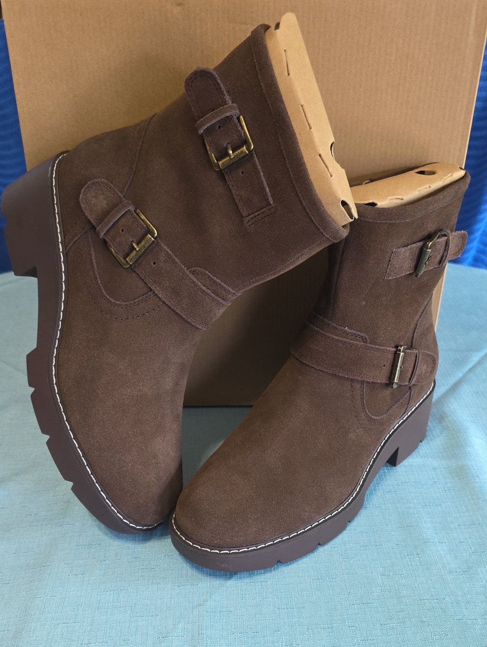Migyn Suede Double Buckle Moto Booties – Size 9.5M NWT in Box